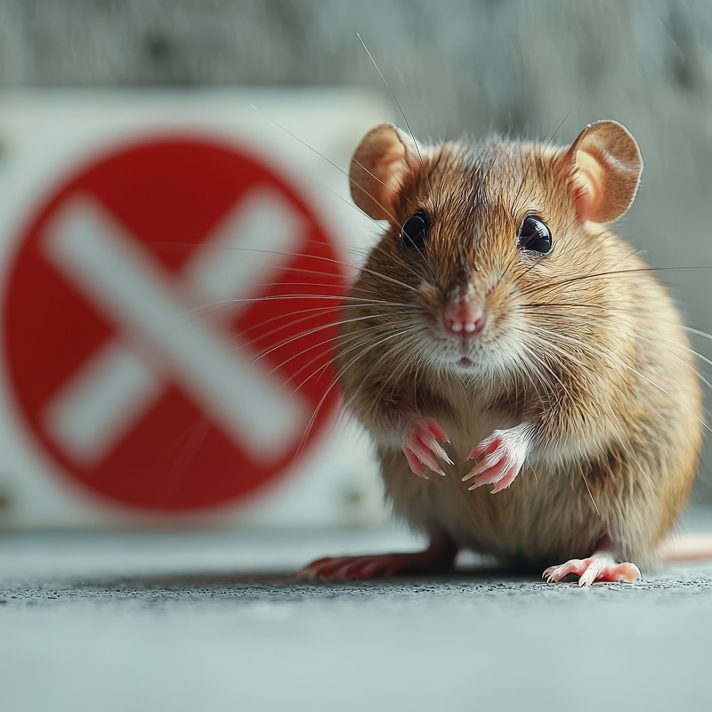 Souris devant panneau d'interdiction : nuisible Rongeur brun aux grands yeux et longues moustaches, assis devant un panneau d'interdiction rouge barré d'un X blanc.